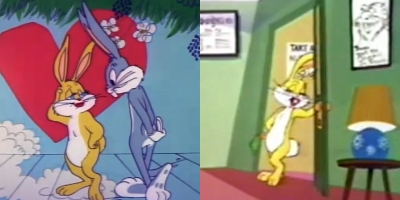Z lewej scena z kreskówki Domek z Piernika, z prawej scena z Bugs Bunny's Thanksgiving Diet